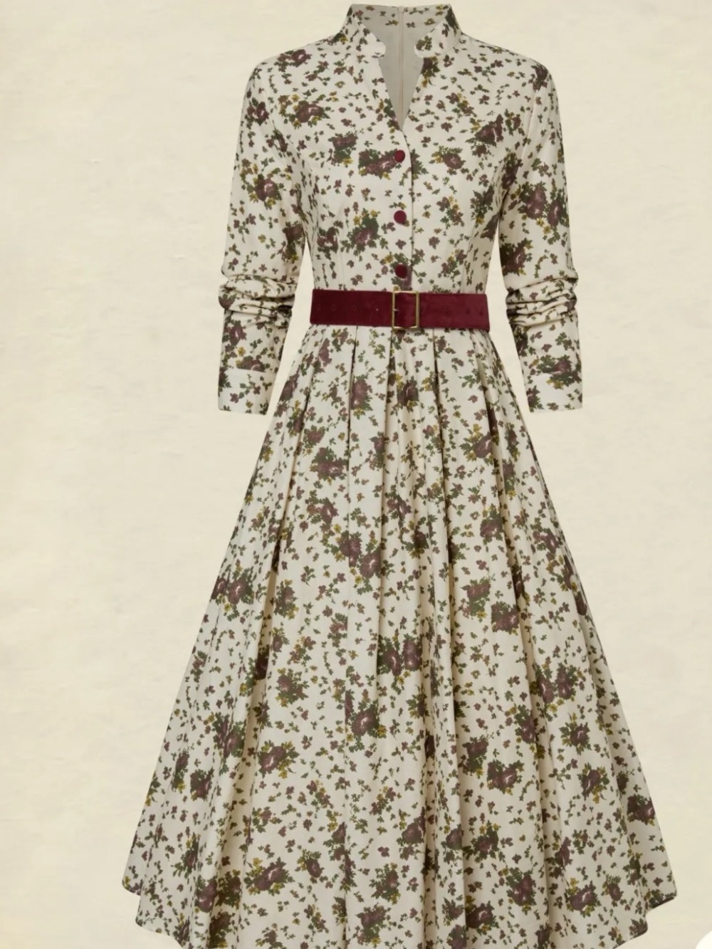 Cream Floral Long-Sleeve Midi Dress with Burgundy Belt - Picture 3 of 4